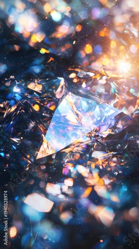 Extreme close-up of a sparkling diamond with intricate facets and colorful light refractions, macro photography