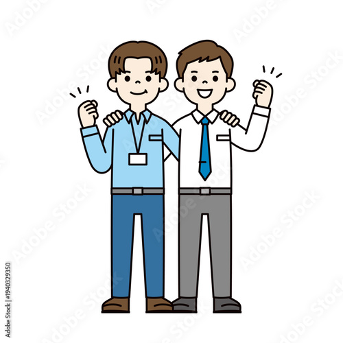 肩を組んでガッツポーズをする、2人のビジネスマン・サラリーマンの全身ベクターイラスト素材
