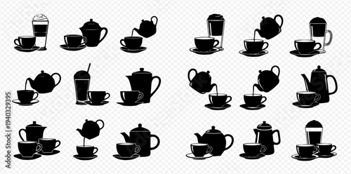 Collection of various tea and coffee cup and pot silhouettes on a transparent background.