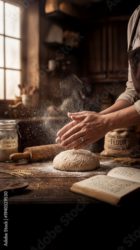 Artisan Baker Kneading Dough with Floating Flour, Vertical Social Media Story and Mobile Format