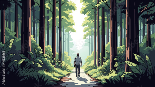 A lone figure walks a sun-dappled path through a majestic, ancient forest, evoking peace and exploration in this beautiful vector illustration
