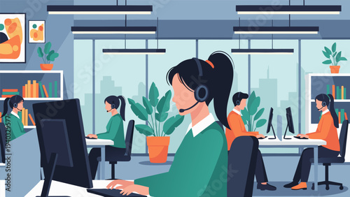 Modern Customer Support Team Vector Illustration Busy Call Center Agents Working in an Open-Plan Office Environment