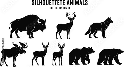 Wild animal silhouette vector set, bison, deer, wolf, moose, and bear icons, forest wildlife collection isolated on white background, black graphics.