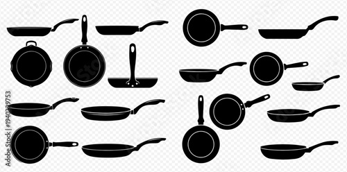Set of various frying pan silhouettes, including top view and side view, for cooking and kitchen design.