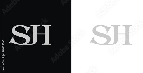 Elegant SH serif monogram logo in black and white luxury style