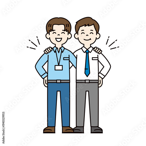 笑顔で肩を組む、ワイシャツ姿の2人の男性社員・ビジネスマンの全身ベクターイラスト素材