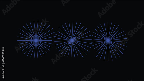 Mesmerizing trio of blue radial light bursts forming a symmetrical pattern against a deep black canvas, evoking a sense of cosmic energy and abstract beauty
