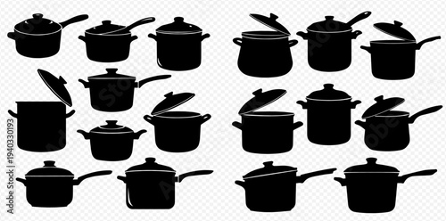 Set of various cooking pots and pans silhouettes with lids, kitchen utensils for preparing food.