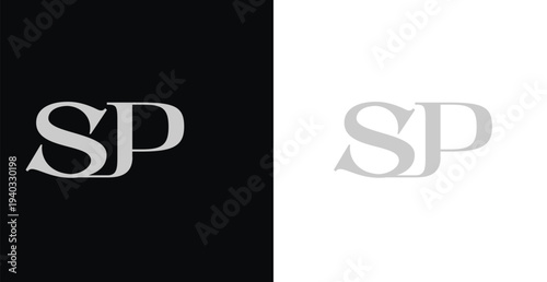 Elegant SP serif monogram logo in black and white luxury style