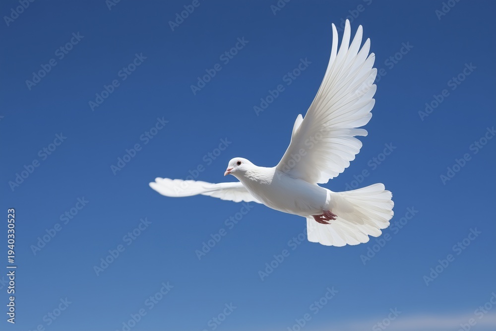 Obraz premium White dove flying in clear blue sky, symbol of peace and freedom concept