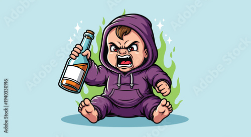 Angry Baby Holding Alcohol Bottle Cartoon Illustration.