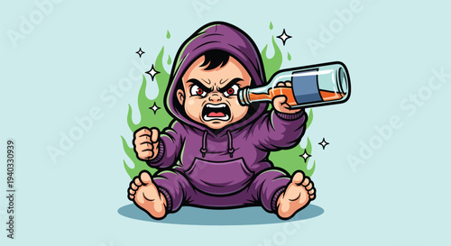 Angry Baby Holding Alcohol Bottle.