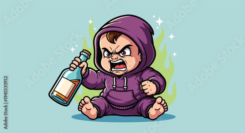 Angry Baby Holding Alcohol Bottle Cartoon Illustration 1.