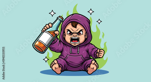 Angry baby in a hoodie holding a bottle.