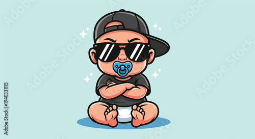 Cool Baby Wearing Sunglasses and Cap with Pacifier.