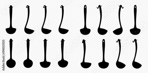 Collection of black ladle silhouettes on a transparent background, featuring various kitchen utensil designs for cooking and serving.