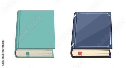 Two closed books, one teal and one navy blue, displayed side by side on a white background