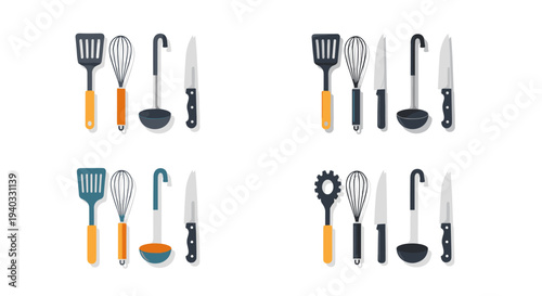 Collection of flat design kitchen utensils including spatulas, whisks, ladles, and knives