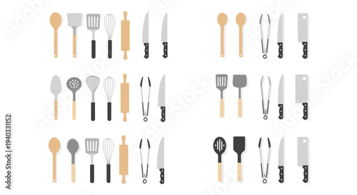 Collection of flat design kitchen utensils and cooking tools arranged in rows