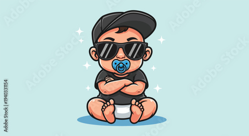 Cool Baby Wearing Sunglasses and Pacifier with Cap.