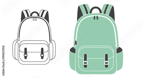 Two backpacks, one line art and one colored, displayed side by side on white background
