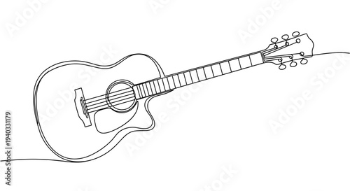 Minimalist continuous line drawing of an acoustic guitar on a white background