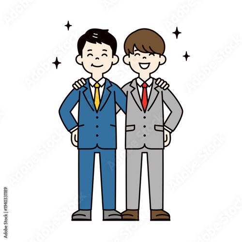 笑顔で肩を組む、スーツ姿の2人の男性社員・同僚・ビジネスマンの全身ベクターイラスト素材