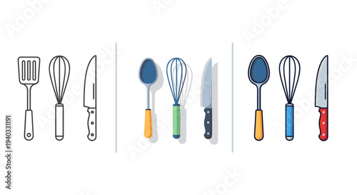 Collection of kitchen utensils including a spatula, whisk, and knife in different styles