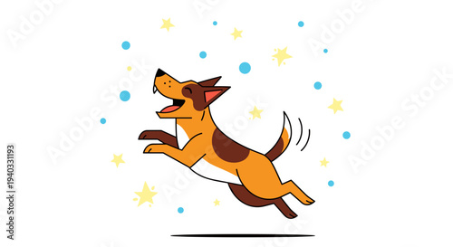 Joyful cartoon dog leaping with excitement surrounded by stars and bubbles