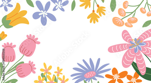 Flower frame vector background. Colorful spring wildflowers and garden floral elements for wedding invitations, greeting cards, and nursery decor. Simple hand-drawn botanical border for text
