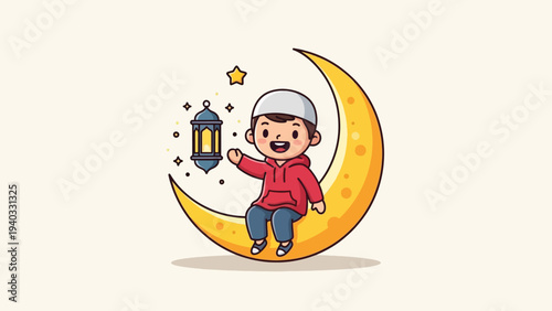 Cute Muslim Boy Sitting on Moon with Lantern Cartoon Vector Icon Illustration.