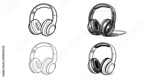 Set of four sketches of modern over-ear headphones in different styles