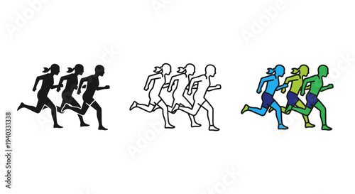 Group of runners in different styles, representing competition and diversity in sports