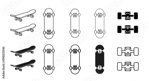 Collection of skateboard illustrations and components in various styles and perspectives