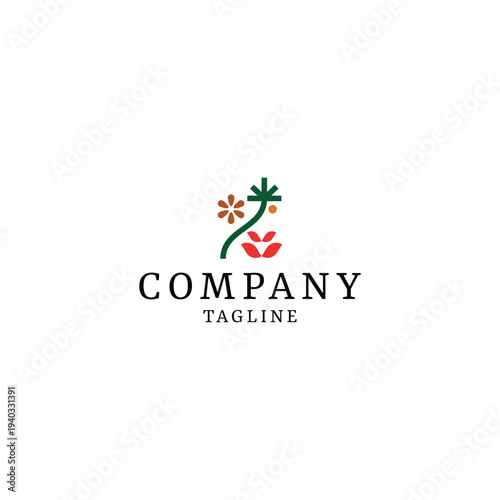 Modern botanical logo template with a stylized green stem, orange blossom, and red floral elements