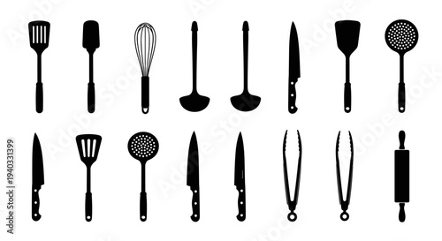 Collection of black kitchen utensil silhouettes on a white background