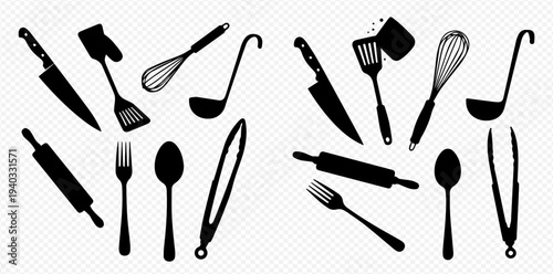 Collection of kitchen utensils and cooking tools silhouettes on transparent background.