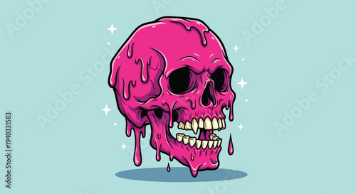 Melting Pink Skull Illustration Dripping with a Light Blue Background.