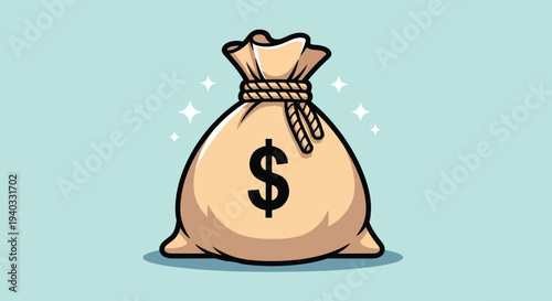 Money Bag Icon with Dollar Sign and Sparkles.