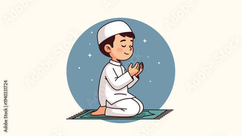 Muslim boy praying on a prayer mat a moment of devotion and peace.
