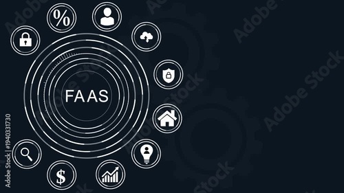 Faa S concept diagram with icons representing business growth and technology on a digital dot background, abstract circles and gears background.4k Animation.