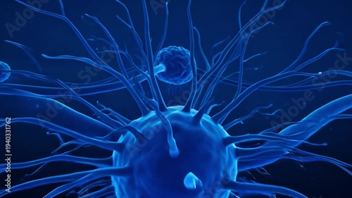 Abstract blue cell with branching tentacles, detailed illustration of microscopic life and cellular structures