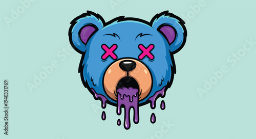 Psychedelic Blue Teddy Bear Dripping with X Eyes.