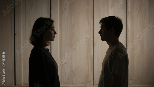 Silhouette of a Man and Woman Facing Each Other in Profile Against Wooden Wall, Dramatic Lighting Creating Tension for Relationship Conflict or Confrontation Scene