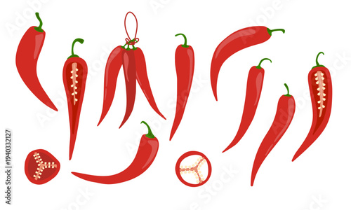 Chili pepper red vector set. Hot spicy pods, halves, and slices for Mexican food branding, organic spice packaging, and kitchen decor. Flat illustration for grocery marketing and culinary design