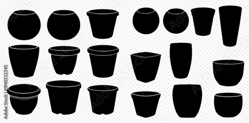 Set of various black silhouettes of flower pots and planters for gardening and home decor.