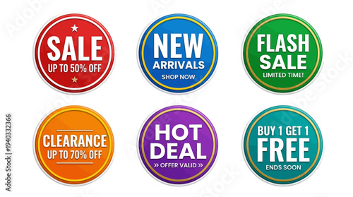 Six colorful promotional stickers for sales and discounts