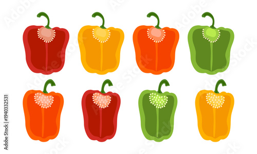 Bell pepper halves vector set. Colorful red, yellow, orange, and green sweet pepper slices for healthy food branding and organic grocery marketing. Simple flat illustration for culinary design.