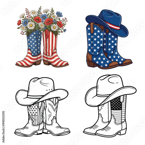 Patriotic Cowboy Boots and Hat with American Flag Western Illustration Set