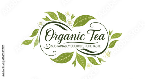 Organic Tea Logo with Leaves and Floral Elements.